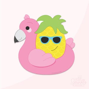 May include: A whimsical illustration of a yellow pineapple wearing blue sunglasses, embraced by a pink flamingo pool float. The pineapple has a smiling face and green leafy top. The image has a light pink background.
