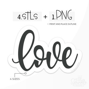 May include: Black and white printable sticker design of the word "love" in a cursive font. The design comes in four sizes and includes a print and place outline.