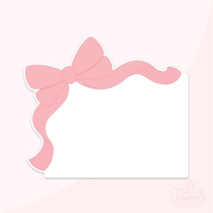 May include: A pink bow with a white background. The bow is in the shape of a ribbon with a large loop on the left side and a smaller loop on the right side. The bow is positioned in the upper left corner of the image.