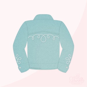 May include: A light blue denim jacket with white stitching detail. The back of the jacket features a white embroidered design of a series of connected loops. The text "The Sprinkle Factory" is printed on the bottom of the jacket.