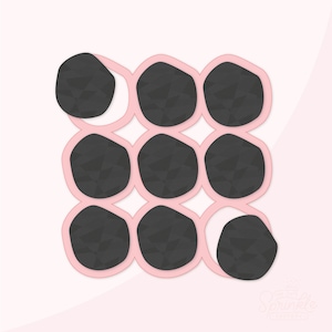 May include: A pink and black geometric pattern with nine circles arranged in a 3x3 grid. The circles are filled with a black pattern and outlined in pink.
