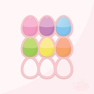 May include: A set of six pastel-colored Easter egg cookie cutters. The cutters are arranged in a grid pattern, with three rows of two cutters each. The cutters are made of metal and have a smooth, shiny finish. The colors of the cutters are pink, purple, blue, green, yellow, and orange.