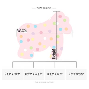 May include: Size guide for a pink cookie shaped like a gorilla with colorful sprinkles. The guide shows four different sizes with height and width measurements in inches.