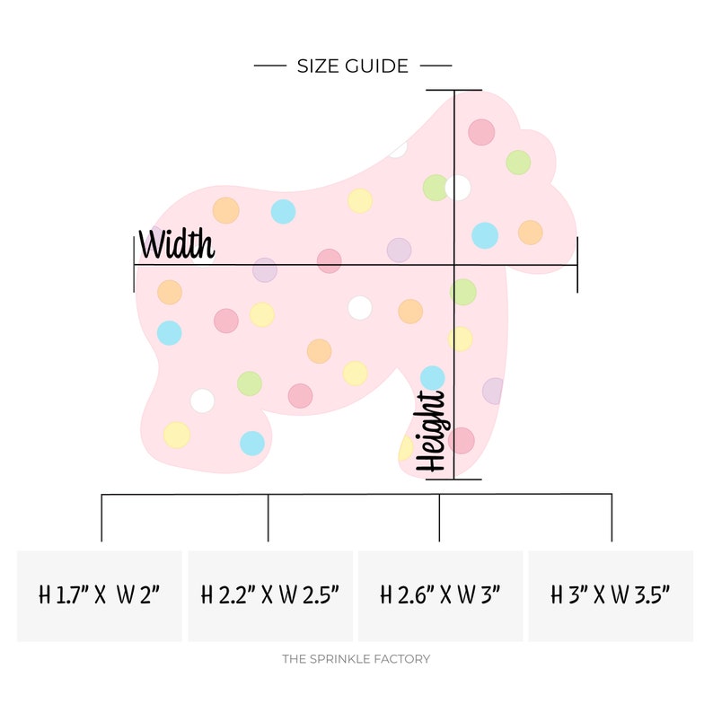 May include: Size guide for a pink cookie shaped like a gorilla with colorful sprinkles. The guide shows four different sizes with height and width measurements in inches.
