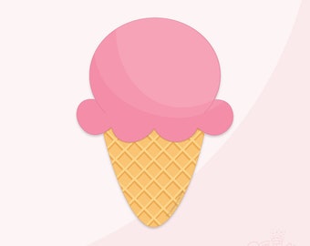 May include: A pink ice cream cone with a waffle cone. The ice cream is in the shape of a scoop with a rounded top.