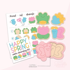 May include: A cookie decorating kit with spring-themed shapes. The kit includes cookie cutters and embossers in the shapes of a frog, tulip, butterfly, sun, and cloud. The kit also includes a guide with instructions and the text "Happy Spring".