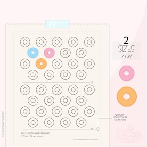 Może przedstawiać: Drukowany szablon do transferów na dmuchane zabawki do basenu. Szablon zawiera 36 kół o dwóch rozmiarach: 1,25 cm i 1,9 cm. Szablon jest przeznaczony do użycia z maszyną Cricut.