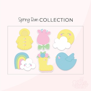 Puede incluir: Un conjunto de nueve imágenes de clipart con temática de lluvia de primavera. Las imágenes incluyen un impermeable amarillo, un tulipán rosa, un sol amarillo con una nube blanca, un arcoíris con una nube blanca, una bota de lluvia amarilla con flores azules, un pájaro azul y un sol amarillo con una nube blanca. Las imágenes son perfectas para manualidades, scrapbooking y otros proyectos creativos.