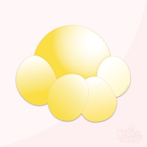 May include: A collection of yellow, egg-shaped forms, with a large, rounded shape above. The objects display a gradient effect, shifting from a lighter to a darker yellow. The background is a soft pink.