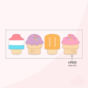 May include: A set of four mini ice cream and popsicle cookie cutters. The set includes a red, white, and blue popsicle, two ice cream cones with purple and pink scoops, and an orange popsicle. The text "4 PIECE MINI SET" is visible.