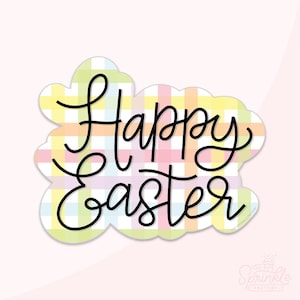 Può includere: Un'insegna decorativa a tema pasquale con le parole "Happy Easter" in corsivo nero. L'insegna ha la forma di una nuvola con un motivo a quadri pastello in giallo, rosa e blu. Lo sfondo è rosa tenue.