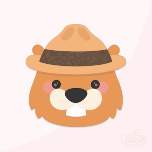 Könnte beinhalten: Eine Cartoon-Illustration eines Bibers, der einen braunen Rangerhut mit braunem Band trägt. Der Biber hat ein hellbraunes Gesicht mit einer schwarzen Nase, weißen Zähnen und rosa Wangen.