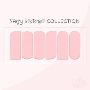 Puede incluir: Un conjunto de seis pegatinas para uñas rosas con diferentes formas, incluyendo rectángulos redondeados, un rectángulo puntiagudo y un óvalo redondeado. Las pegatinas para uñas están diseñadas para parecerse a una pared de ladrillo. El texto "Skinny Rectangle COLLECTION" está en la parte superior de la imagen.
