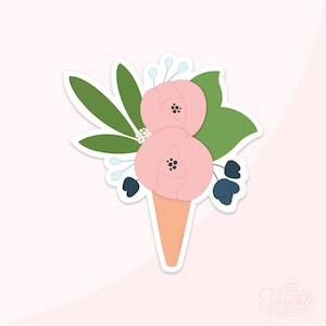 May include: A sticker featuring a floral design. Two pink peony-like flowers sit atop a light orange cone, with green leaves and small blue and white accents. The design is set against a light pink background.