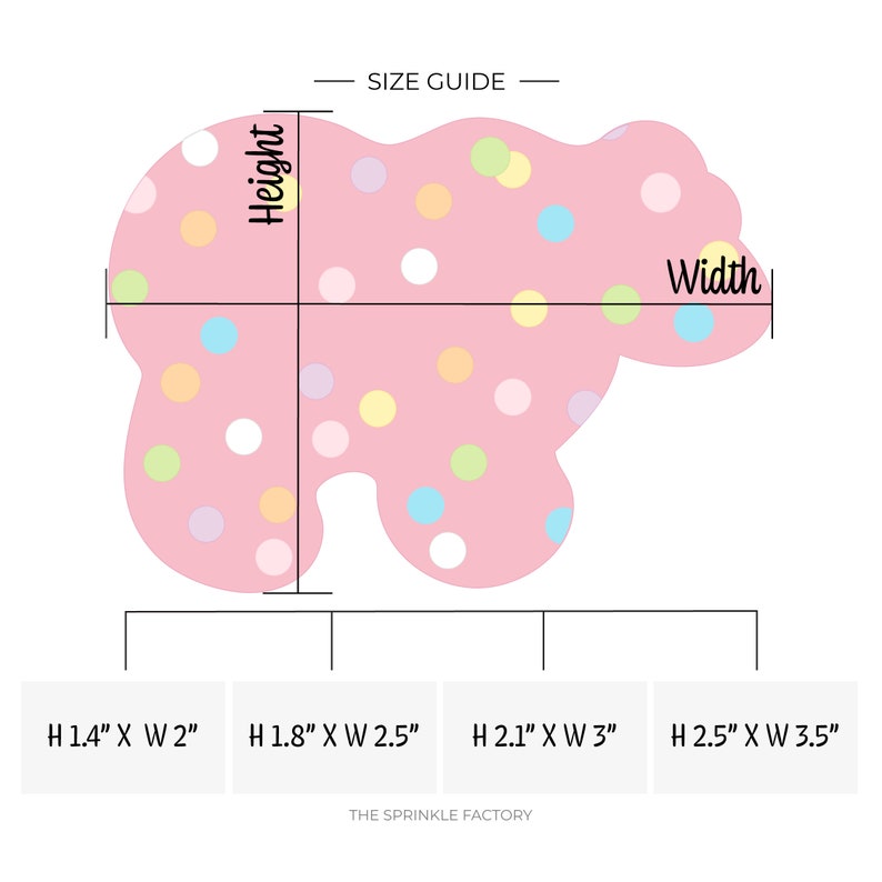 May include: A size guide for a pink bear cookie cutter with a polka dot pattern in various pastel colors. The guide shows four different sizes of the cookie cutter, ranging from 1.4 inches tall by 2 inches wide to 2.5 inches tall by 3.5 inches wide.