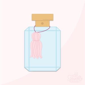 May include: A clear glass bottle with a light blue liquid and a pink tassel hanging from the top. The bottle has a wooden top with the text "The Sprinkle Factory" printed on it.