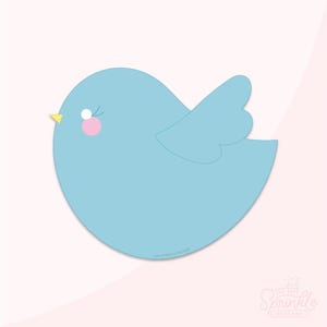 May include: A light blue bird with a yellow beak and pink cheeks. The bird has a heart-shaped wing and is facing left.
