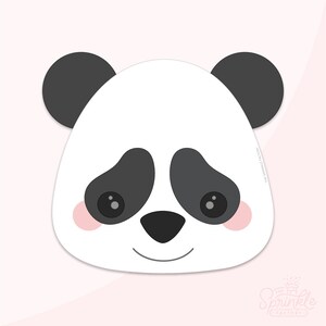 May include: A black and white panda bear face with black ears, black eyes, and a black nose. The panda has pink cheeks and a smiling mouth.