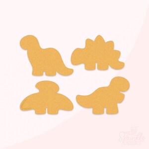 May include: Four cutout dinosaur shapes in a light brown colour. The dinosaurs are a stegosaurus, a brachiosaurus, a triceratops, and a pterosaur.