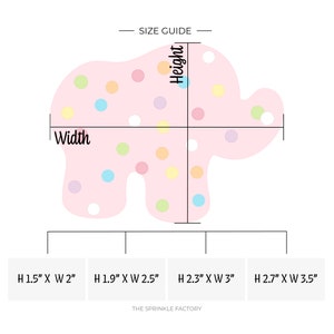 May include: Size guide for pink elephant shaped sprinkle cookie cutters. The guide shows four different sizes: 1.5 inches by 2 inches, 1.9 inches by 2.5 inches, 2.3 inches by 3 inches, and 2.7 inches by 3.5 inches. The text "THE SPRINKLE FACTORY" is at the bottom of the image.