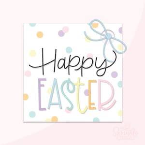 May include: A white gift tag with a colorful confetti pattern and the text "Happy Easter" in a playful font. The tag has a blue ribbon attached to the top.