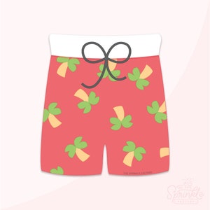 May include: Red swim trunks with a white waistband and black drawstring. The trunks have a pattern of green palm trees with yellow trunks.