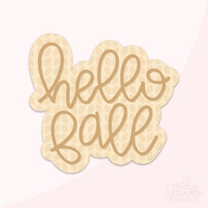Puede incluir: Una pegatina beige con un contorno marrón del texto "hello fall" sobre un fondo de pequeñas hojas beige.
