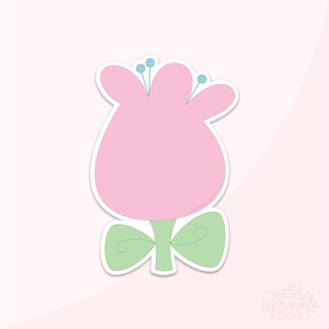 May include: A pink flower with a green stem and leaves. The flower has a simple, cartoon-like design.