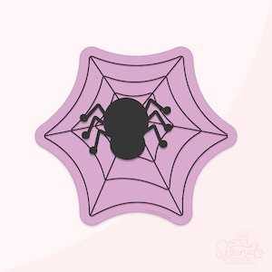May include: A Halloween-themed sticker featuring a black spider on a light purple spiderweb. The spiderweb is outlined in black and set against a light purple background. The sticker has a unique, six-sided shape.