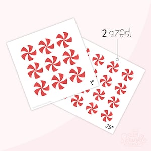 May include: Two sheets of white paper with red and white peppermint candy designs. The sheets are labeled "The Sprinkle Factory" and show two sizes: 1 inch and 0.75 inches.