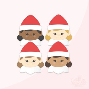 May include: Four elf illustrations with different skin tones. Each elf is wearing a red Santa hat and a white elf costume. The elves have brown hair and big eyes.