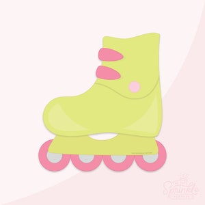Op de afbeelding: Een groene rol skate met roze wielen en roze accenten. De skate heeft een wit wiel met een grijs midden. De tekst "The Sprinkle Factory" staat gedrukt op de onderkant van de skate.