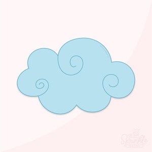 Può includere: Tagliapasta a forma di nuvola azzurra con un design stravagante. Il tagliapasta presenta una forma arrotondata con dettagli a spirale, perfetto per creare dolcetti a tema. Il logo Sprinkle Factory si trova in basso a destra.