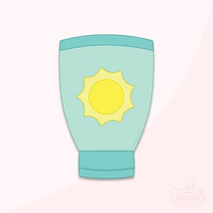 May include: A light blue sunscreen bottle with a yellow sun design. The bottle has a rounded top and a rectangular base. The sun has a yellow center and yellow rays. The image is a cartoon style.