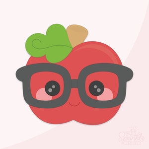 May include: A red apple with a green leaf on top, wearing black-rimmed glasses and a smiling face. The apple has large, black eyes.