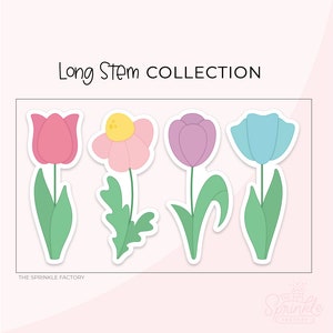 May include: Four colorful flower stickers with long stems. The flowers are pink, yellow, purple, and blue. The flowers are part of a sticker collection called "Long Stem Collection".