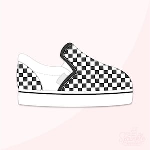 May include: A slip-on shoe with a black and white checkerboard pattern on the top. The shoe has a white sole and a white upper with a black trim around the opening. The design is simple and graphic, suitable for various applications.