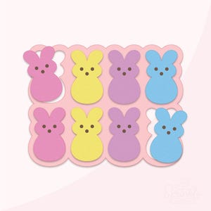 Puede incluir: Un juego de ocho cortadores de galletas en forma de conejo de color pastel. Los cortadores están dispuestos en una fila, con cada cortador presentando un color diferente: rosa, amarillo, morado, azul, rosa, amarillo, morado y azul.