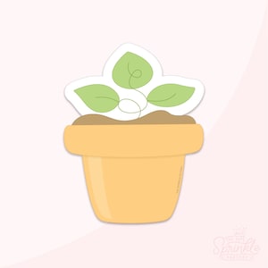 May include: A yellow ceramic pot with a small green plant with three leaves growing out of it.