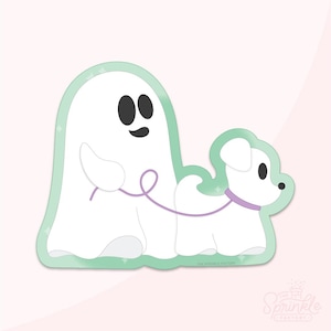 May include: A green and white sticker featuring a ghost holding a purple leash attached to a white dog. The text "The Sprinkle Factory" is at the bottom of the sticker.