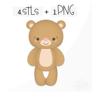 May include: A cartoon-style teddy bear in shades of brown, with a pink nose and rosy cheeks. The bear has a smiling expression and is standing upright. Text above the bear reads "4 STLs + 1 PNG". The Sprinkle Factory logo is in the bottom right corner.