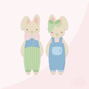 Op de afbeelding: Twee cartoon konijnen die overalls dragen. Eén konijn draagt ​​groen-wit gestreepte overalls met een roze strik. Het andere konijn draagt ​​blauwe overalls met een groene strik.