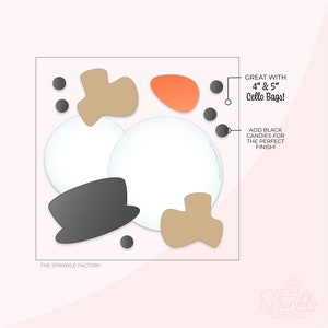 May include: A printable snowman template with white circles, brown and orange shapes, and black circles. The text "GREAT WITH 4" & 5" Cello Bags!" and "ADD BLACK CANDIES FOR THE PERFECT FINISH!" is included. The text "THE SPRINKLE FACTORY" appears twice.