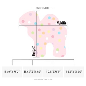 May include: Size guide for a pink camel-shaped cookie cutter with colorful sprinkles. The guide shows four sizes: 1.9 inches by 2 inches, 2.3 inches by 2.5 inches, 2.8 inches by 3 inches, and 3.3 inches by 3.5 inches.