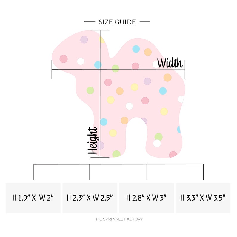 May include: Size guide for a pink camel-shaped cookie cutter with colorful sprinkles. The guide shows four sizes: 1.9 inches by 2 inches, 2.3 inches by 2.5 inches, 2.8 inches by 3 inches, and 3.3 inches by 3.5 inches.