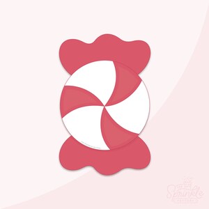 May include: A pink and white peppermint candy illustration with a swirl design. The candy is wrapped in a pink wrapper with a wavy edge.