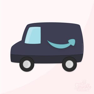 Puede incluir: Una furgoneta de reparto azul marino con una ventana azul claro y un logotipo de flecha turquesa en el lateral. La furgoneta tiene ruedas negras con centros blancos. La imagen es una ilustración de estilo caricatura.