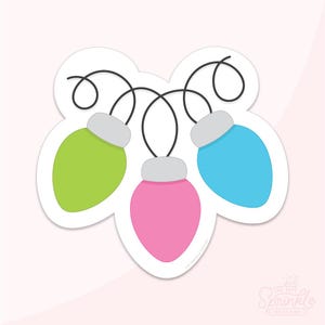 May include: Three Christmas lights, one green, one pink, and one blue, are strung together with a black cord.