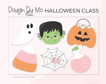 May include: A collection of Halloween-themed cookie designs, including a ghost, Frankenstein's monster, a jack-o'-lantern, candy corn, a spider web, and a potion bottle. The image has the text "Dough By Mo Halloween Class" and "The Sprinkle Factory".