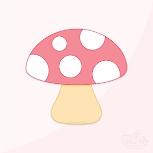 Puede incluir: Ilustración de una seta con un sombrero rosa con lunares blancos y un tallo amarillo claro. El diseño, sobre un fondo rosa pálido, crea una estética juguetona y alegre.